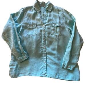 Fresh Produce 100% Linen Button Up Long Sleeved Boho Safari Top Blue Size Large